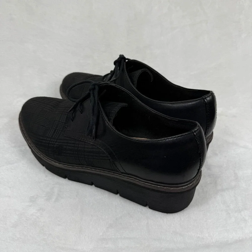 Clarks Sharon Dolly Black Leather Plaid Wedge Platform Oxford Shoes Womens 9‎ M